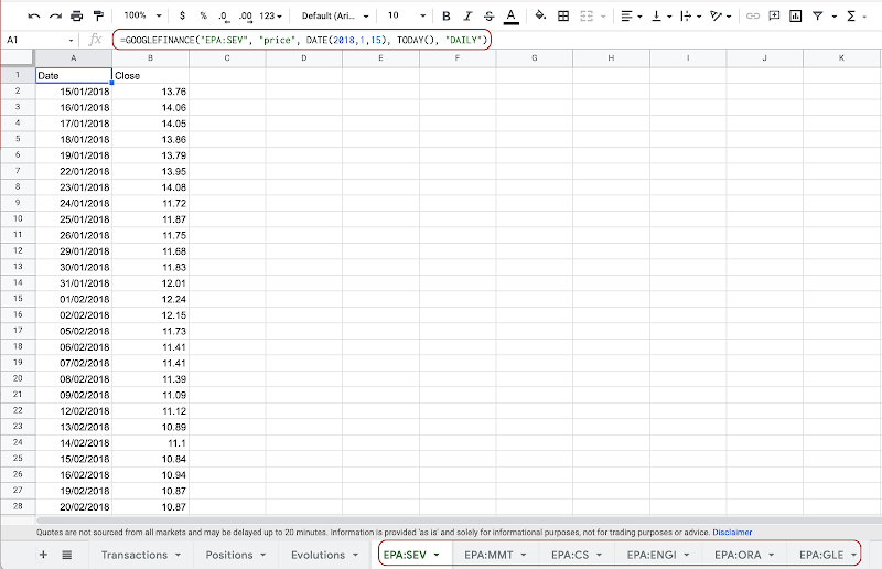 Generate historical prices sheet for each stock with Apps Script