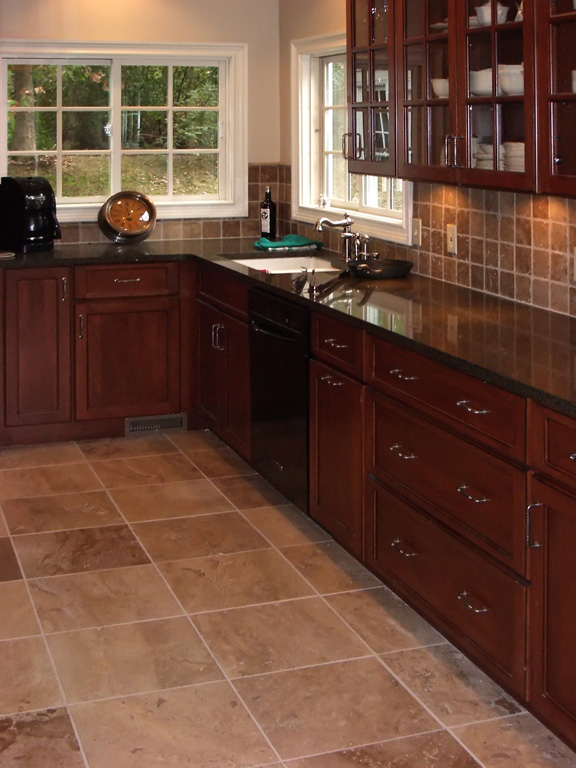 Kitchen Tile Floors with Cherry Cabinets