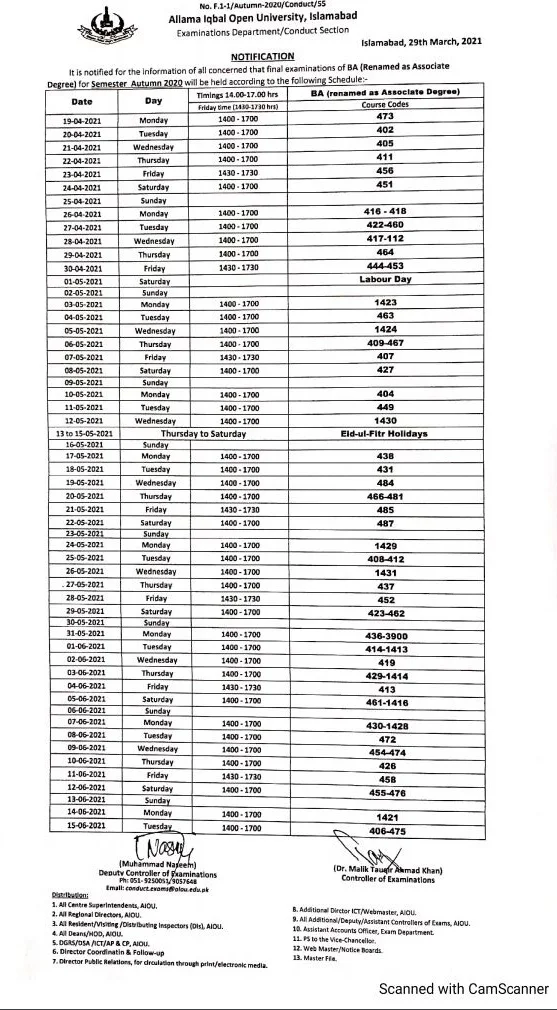 Date Sheet For BA 2021 AIOU University