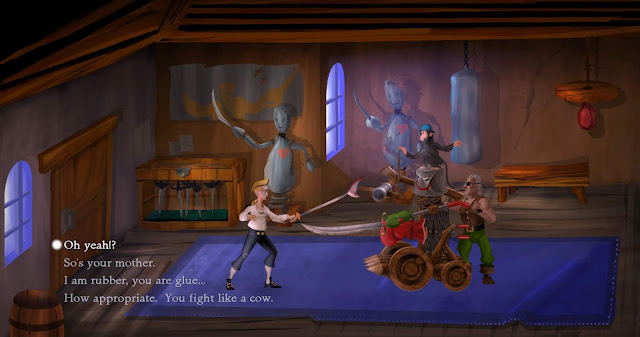 video game - The Secret of Monkey Island - Guybrush trains with Captain Smirk's Machine