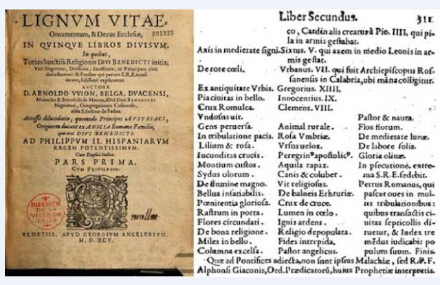 Первая и последняя страницы пророчеств в Lignum Vitae (1595 г.).