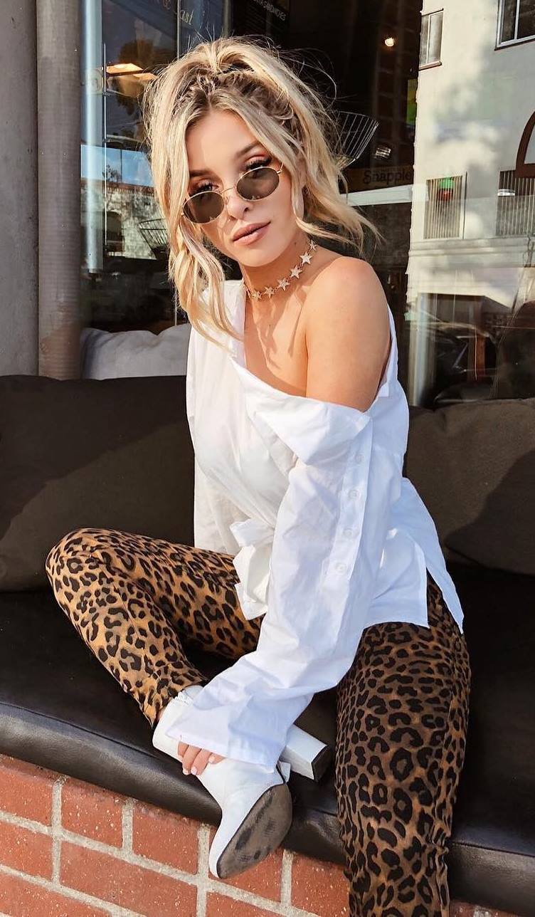 great summer outfit / white one shoulder shirt + leopard pants + white boots