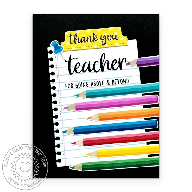 Sunny Studio Stamps Thank you Teacher Rainbow Colored Pencils School Card (using A Cut Above & Teacher Appreciation Stamps, Notebook Tabs Dies & Polka-dot Parade Paper)