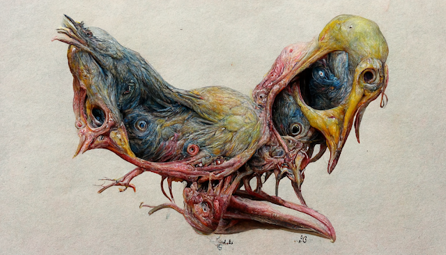 Scientific Drawings of Strange Alien Birds, Generated by Midjourney AI