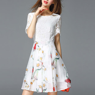 Flowers Printing Lace Paneled Mini Dress