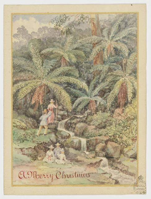 Christmas Card design depicting Victorian era picnic beside a stream in the bush with the words "A Merry Christmas".