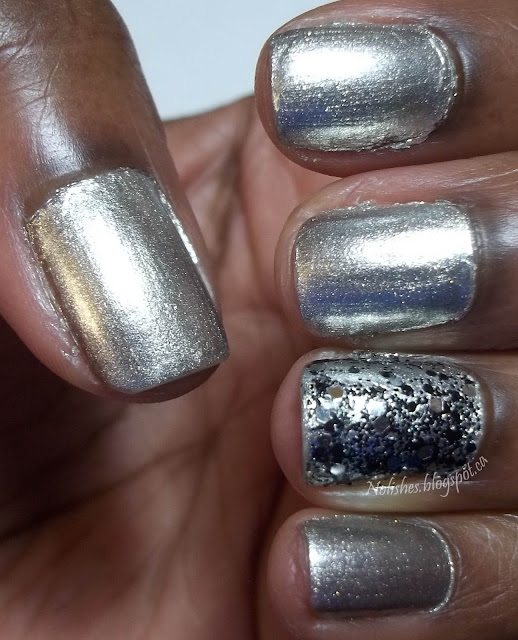 Basic manicure featuring OPI's 'Centennial Celebration', and an accent nail (ring finger) with black and silver glitter.