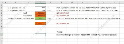 Hoja de calculo para obtener el voltaje que necesites cambiando valores para R1.