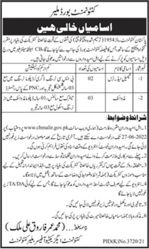 Latest Cantonment Board Medical Posts Karachi 2022