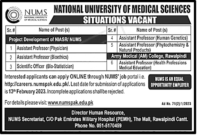 National University of Medical Sciences NUMS Jobs 2023 – Online Form | Nokripao