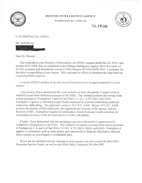 DIA Response To Brewer FOIA Request Re AAWSAP and Baass Contract (Pg 1) 7-19-19