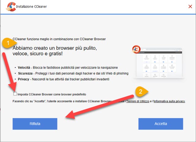 rifiuto installazione browser ccleaner