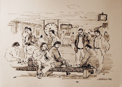 Dibujo de Joaquim Francés i Martínez - Partida de ajedrez en la Plaça de Catalunya - 1996