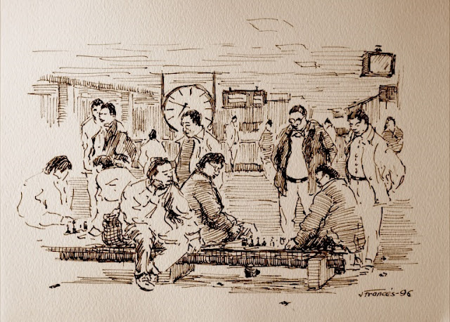 Dibujo de Joaquim Francés i Martínez - Partida de ajedrez en la Plaça de Catalunya - 1996