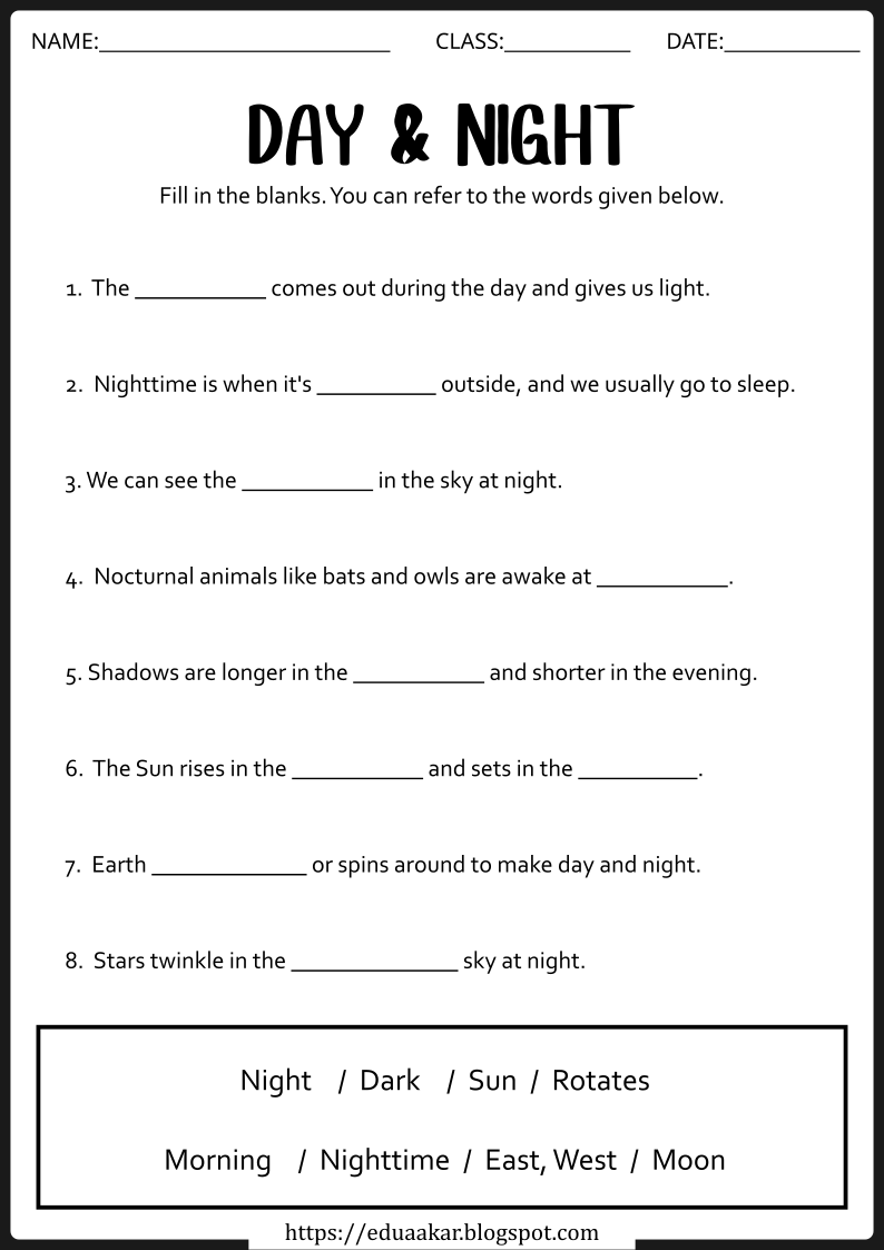 Day and Night Worksheet - Fill in the blanks