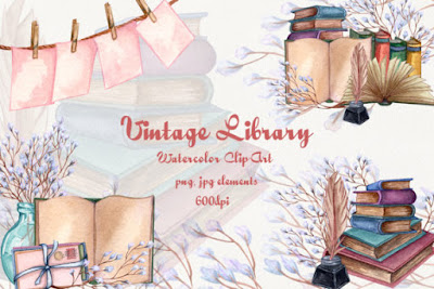 Vintage Library -Watercolor Clip-Art Set Graphic