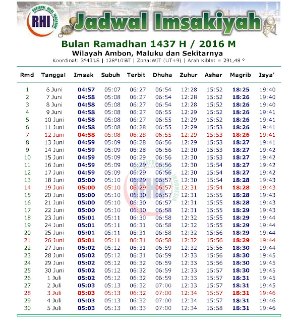 Jadwal Imsakiyah Puasa Ramadhan 2016 atau 1437 H untuk 