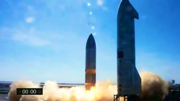 With Starship SN10 sitting on Pad A in the foreground, SN9 is about to lift off from Pad B at SpaceX's launch facility in Boca Chica Beach, Texas...on February 2, 2021.