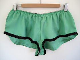 French Knickers in silk twill with ribbon trimmed legs.