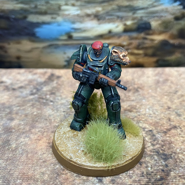 32mm post-apocalypse  miniatures from Vermillion and TennageWastelandUS  that are compatible with Fallout Warfare Wasteland. Bear Force as  New California Republic (NCR) recon power armor proxy