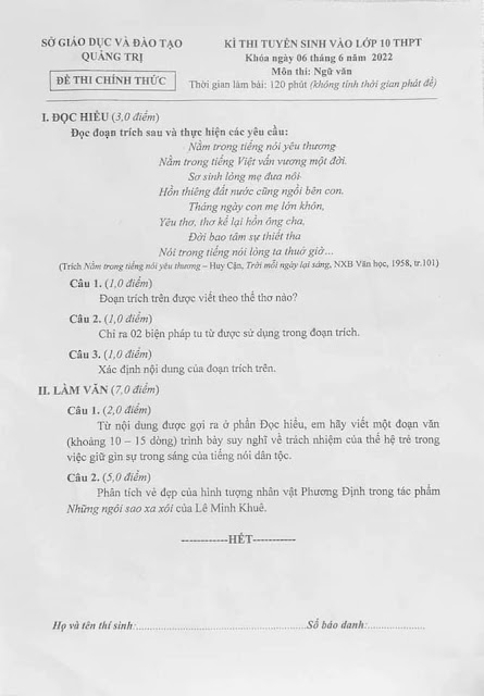 Đề thi vào lớp 10 Ngữ văn Quảng Trị 2022