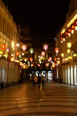 Image of lit Chinese lanterns in the old town, Macau.