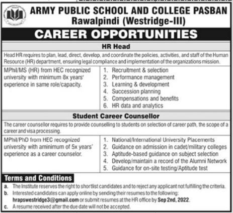 Latest Army Public School & College Education Posts Rawalpindi 2022