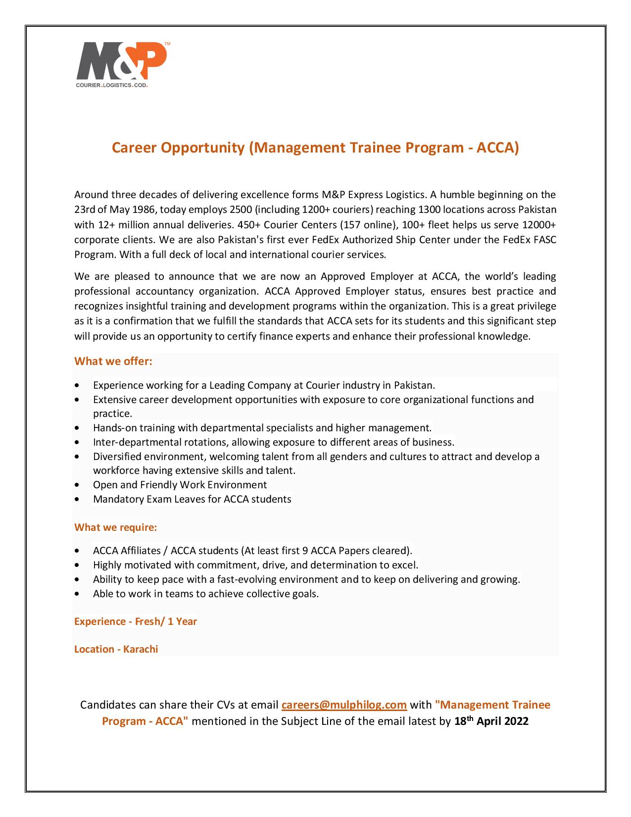 Management Trainee Program - ACCA opportunity at M&P Express Logistics