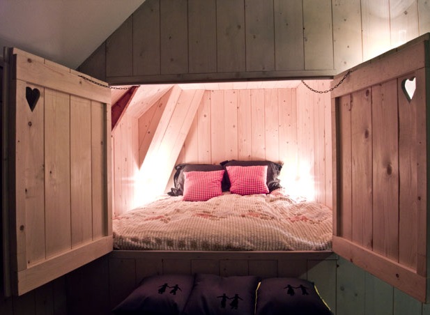 built-in wooden childrens' beds