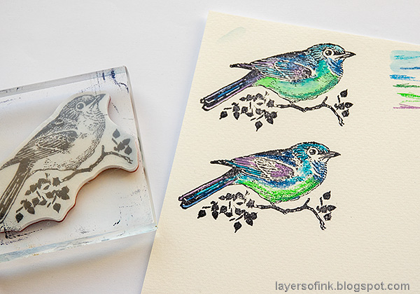 Layers of ink - Magical Nature Wall-Hanging Tutorial by Anna-Karin Evaldsson. Color the bird with watercolor pencils.