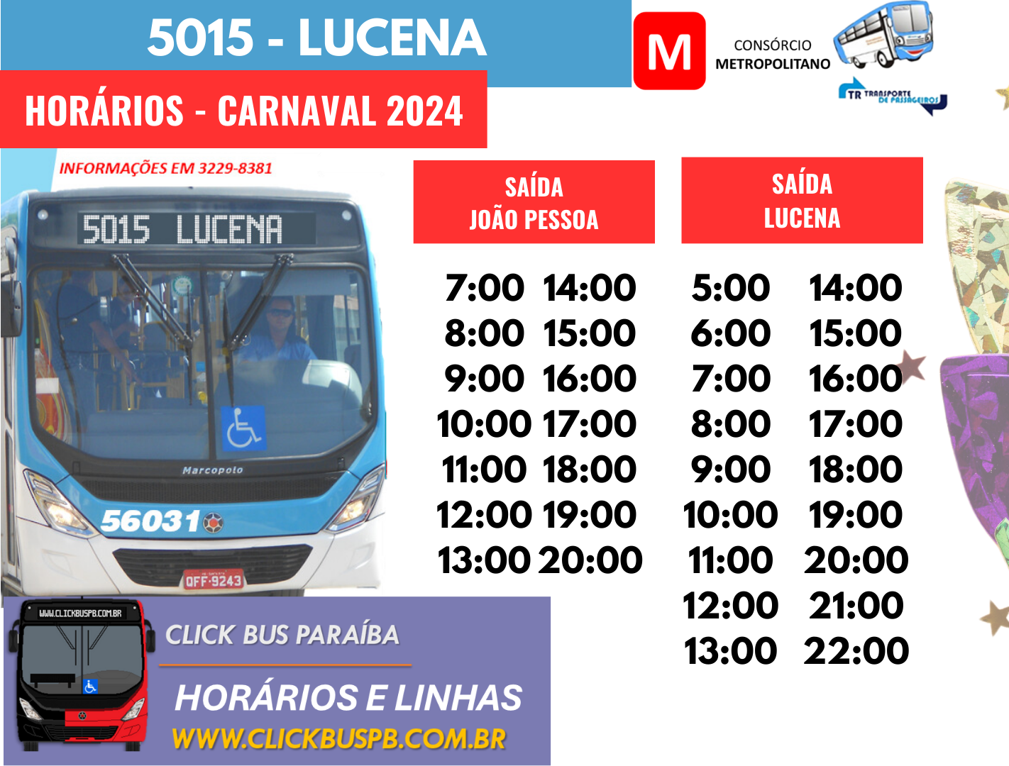 Horários para Lucena neste carnaval 2024