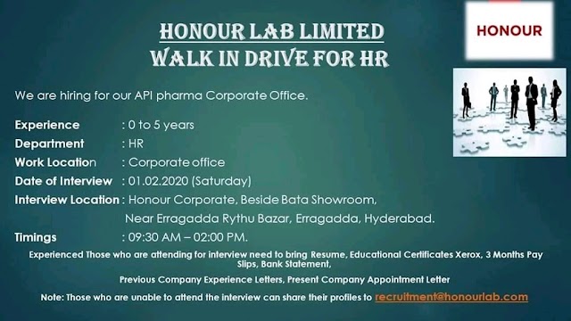 Honour Lab | Walk-in for HR on 1 Feb 2020 | Pharma Jobs in Hyderabad