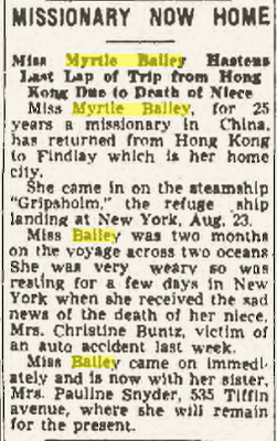 Climbing My Family Tree: ”Missionary now home” 14 September 1942, The Findlay Republican Courier p. 12