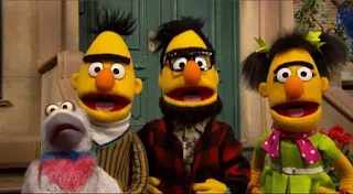 Aided by a beat-boxing pigeon, Bert, his brother Bart, and his cousin Bertina introduce today's theme of music with a song. Sesame Street Episode 5005, A Dog and a Song, Season 50