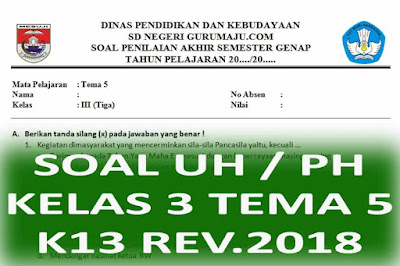   Silahkan gunakan Soal Penilaian Harian  Soal UH / PH Kelas 3 Tema 5 Kurikulum 2013 Revisi 2018 