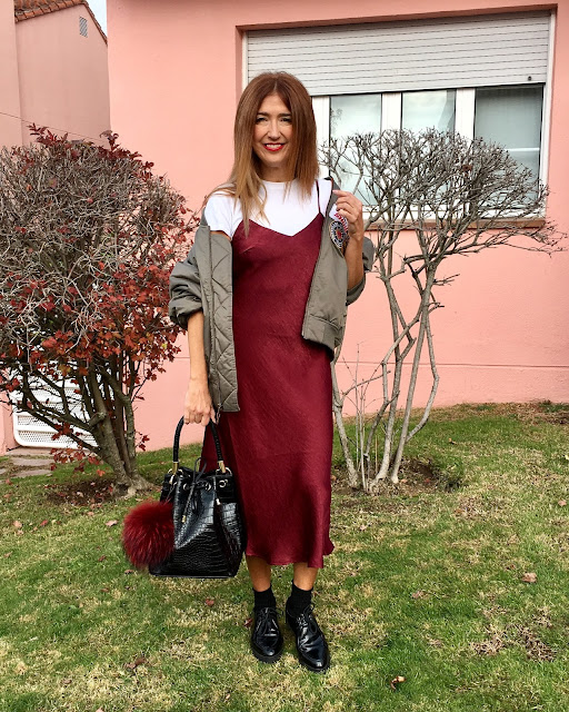 JustFab, Burgundy, Vestido Lencero, Bolso Saco, Bomber, Street Style, Cool, Shopping, Carmen Hummer