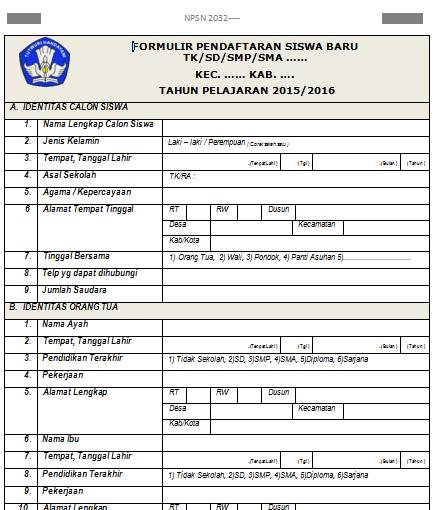 Unduh Formulir Pendaftaran Siswa Baru TK SD SMP SMA 