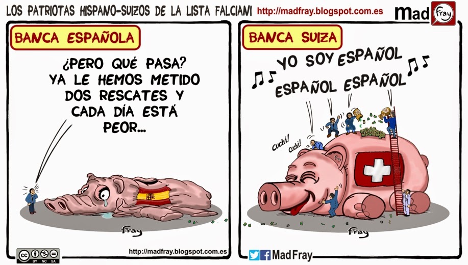 Viñeta: Los patriotas Hispano-suizos de la Lista Falciani, que evadieron impuestos cuando su país más lo necesitaba. Mad Fray