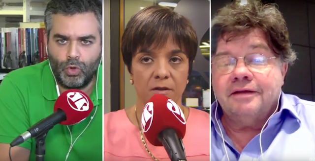 Os comentaristas Carlos Andreazza, Vera Magalhães e Marcelo Madureira, do programa "#3em1": destrinchando a "lista de Fachin" ao vivo pelas ondas  da Rede Jovem Pan (Foto: Reprodução / redes sociais)