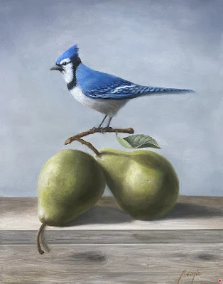 Blue Jay with Pears painting Patt Baldino