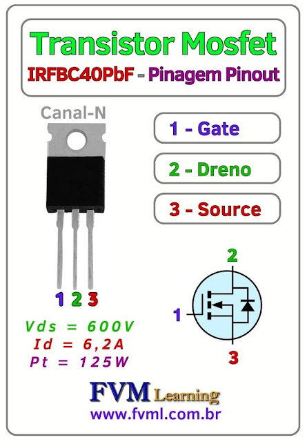 Datasheet-Pinagem-Pinout-Transistor-Mosfet-Canal-N-IRFBC40PbF-Características-Substituição-fvml