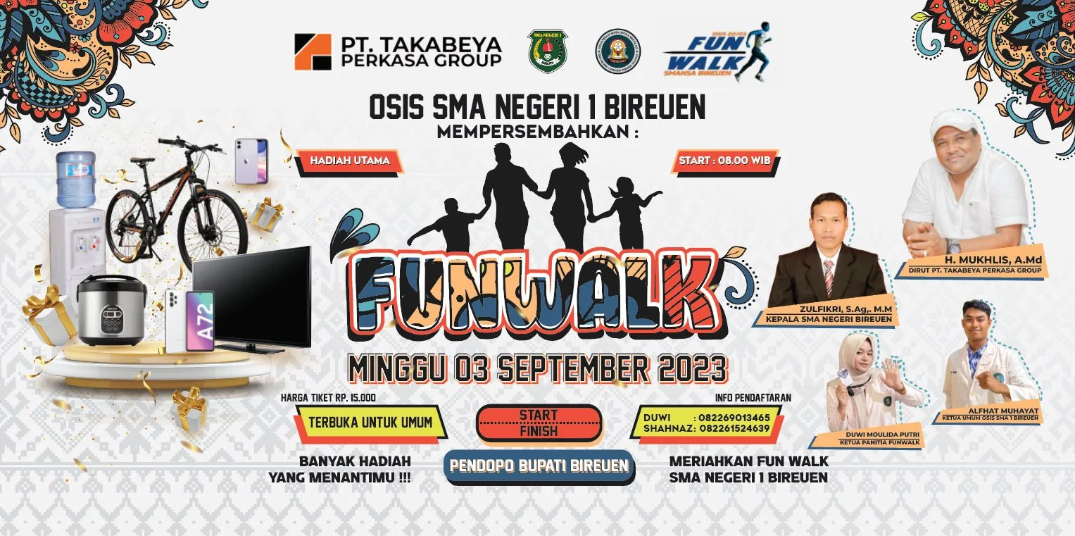 Organisasi Siswa Intra Sekolah (Osis) SMA Negeri 1 Bireuen akan menggelar Funwalk pada hari Minggu mendatang, tanggal 3 September 2023.