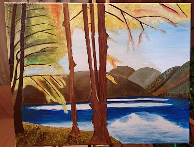 Peinture sur toile Masha Paysage lac montagnes et arbres étape 2