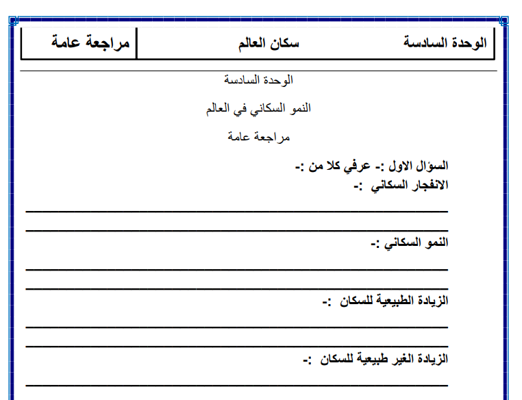 أسئلة مراجعة عامة في الوحدة السادسة لمبحث الدراسات الجغرافية للصف الحادي عشر