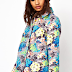 Caroline Flack's ASOS Multicoloured Pink, Purple, Blue & Yellow Bright Watercolour Floral Print Woven Cotton Collared Long Sleeve Oversized Cocoon Coat 