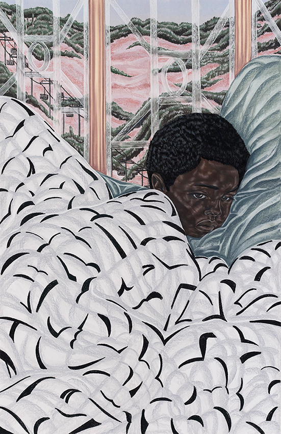 Toyin Ojih Odutola  First Night at Boarding School, 2017 charcoal, pastel and pencil on paper 63 3/4 x 41 1/2 inches