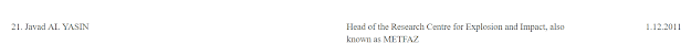Javad Al-Yasin is SPND to the gills. In 2009, he was outed by an Iranian dissident group as the head of something called the Research Center for Explosion and Impact or METFAZ (مرکز تحقیقات فناوری انفجار و ضربه), a predecessor organization to SPND.  In 2011, as part of the European Union's wide-ranging sanctions on Iran's nuclear program, Javad Al Yasin was designated for his role in METFAZ