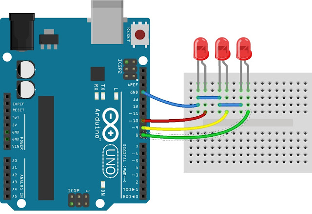 Antarmuka Papan Arduino Uno dengan 3 buah LED