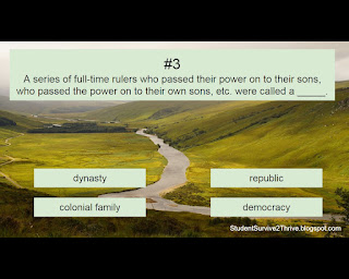 A series of full-time rulers who passed their power on to their sons, who passed the power on to their own sons, etc. were called a _____. Answer choices include: dynasty, republic, colonial family, democracy