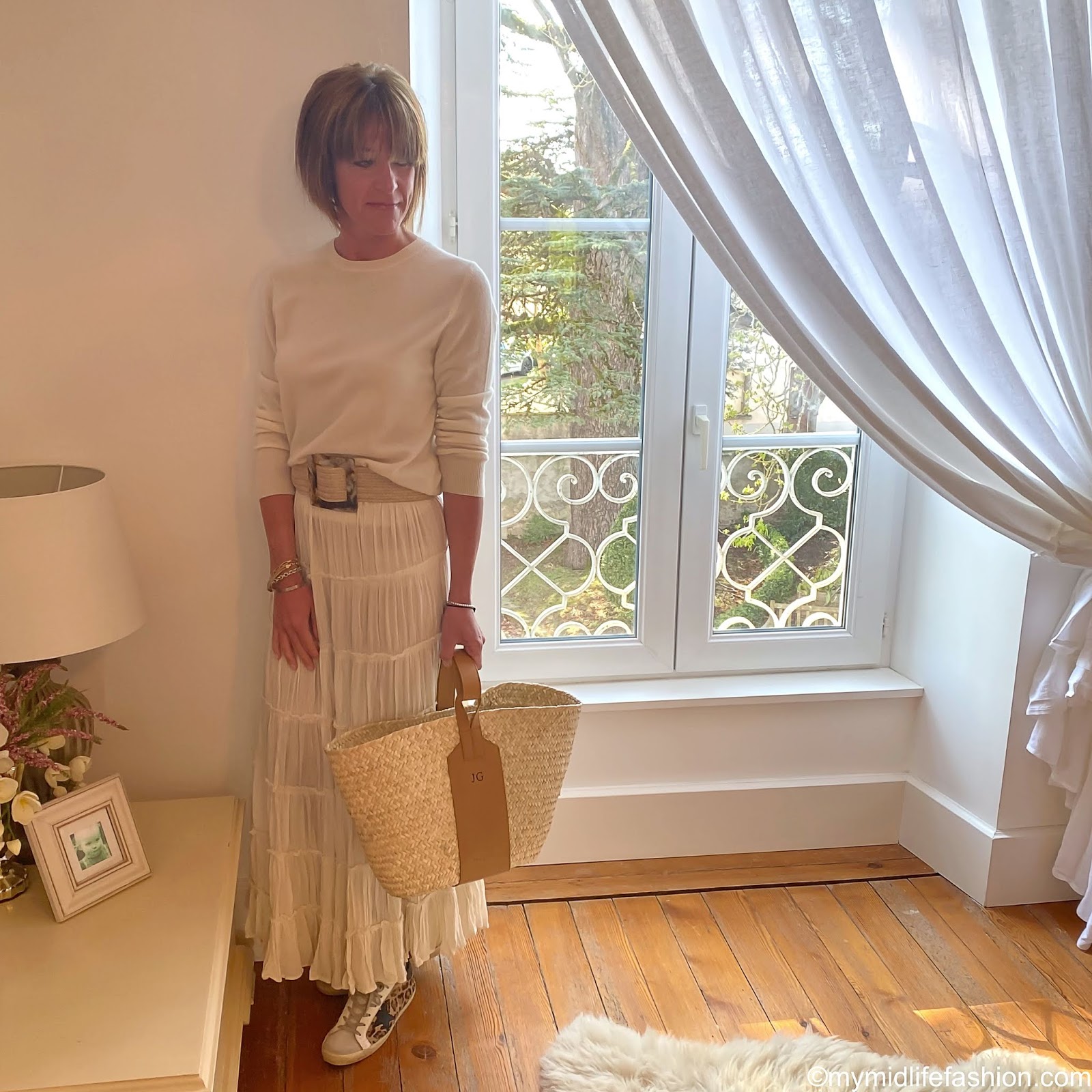 my midlife fashion, marks and Spencer pure cashmere round neck jumper, zara woven jute belt, Ralph Lauren tiered maxi skirt, rae feather tiered maxi skirt, golden goose superstar leopard print trainers